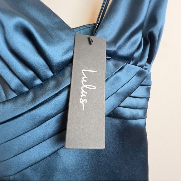 NWT LULUS Divine Entrance Teal Blue Satin Pleated Backless Maxi Dress - Picture 3 of 10